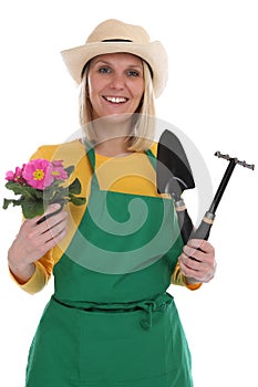 Gardener gardner young woman with flower gardening garden occupation job isolated photo