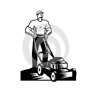 Gardener or Groundskeeper With Lawn Mower Mowing Woodcut Retro