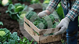 gardener hand holding wooden basket of Broccoli.