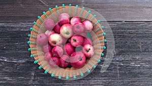 Gardener hand put fresh red apple in plate