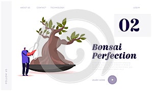 Gardener Hobby, Japanese Culture. Landing Page Template. Tiny Male Character Trimming Bonsai Tree