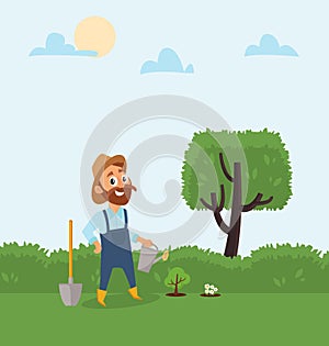 Gardener holding gardening watering can. Happy farmer cartoon character design