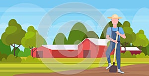 Gardener holding shovel smiling countryman working on field agricultural planting harvesting gardening eco farming