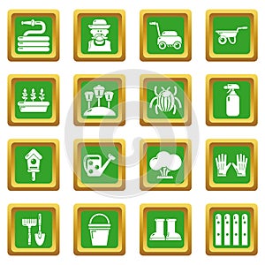 Gardener icons set green square vector