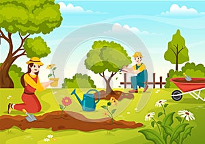 Gardener Illustration with Garden Tools, Farming, Grows Vegetables in Botanical Summer Gardening Flat Cartoon Hand Drawn