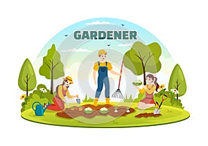 Gardener Illustration with Garden Tools, Farming, Grows Vegetables in Botanical Summer Gardening Flat Cartoon Hand Drawn