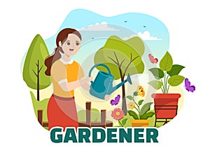 Gardener Illustration with Garden Tools, Farming, Grows Vegetables in Botanical Summer Gardening Flat Cartoon Hand Drawn