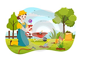 Gardener Illustration with Garden Tools, Farming, Grows Vegetables in Botanical Summer Gardening Flat Cartoon Hand Drawn