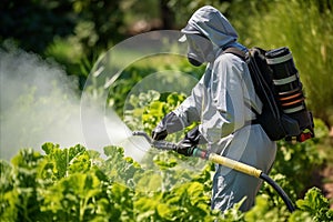 Gardener infusing biopesticides into diverse vegetable garden, Well-tended vegetable garden