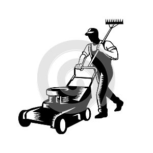 Gardener Landscaper Groundsman or Groundskeeper Pushing Lawn Mower Woodcut Black and White photo