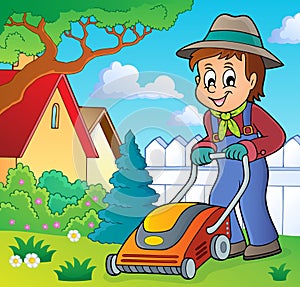 Gardener with lawn mower theme image 2