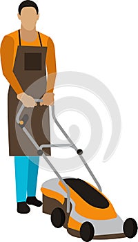 Gardener with lawnmower vector icon isolated on white
