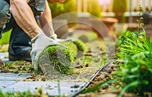 Gardener Laying Sod for New Lawn. Generative ai