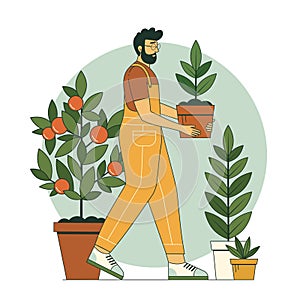 Gardener Man Carrying Plant in Pot