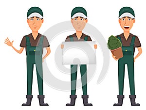 Gardener man, cartoon character in uniform