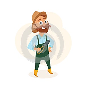 Gardener man holding gardening secateurs. Happy farmer cartoon character design. Isolated vector illustration