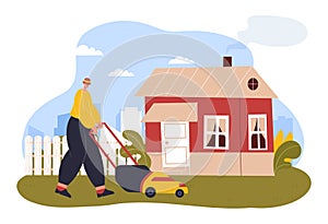 Gardener man mowing lawn mower. Cartoon man cutting grass on backyard of house with equipment. Garden maintenance