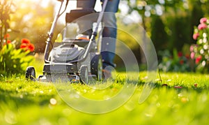 Gardener Mowing Grass Cutting Lawn Mower Lawnmower