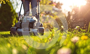 Gardener Mowing Grass Cutting Lawn Mower Lawnmower