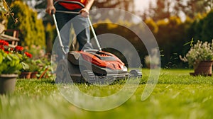 Gardener Mowing Grass Cutting Lawn Mower Lawnmower