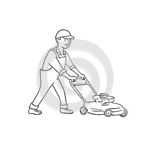 Gardener Mowing Lawn With Lawnmower Side View Black and White Cartoon