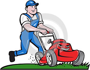 Gardener Mowing Lawn Mower Cartoon