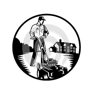 Gardener Mowing With Lawn Mower Woodcut Retro Black and White