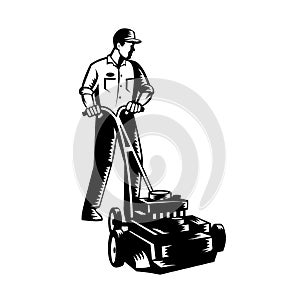 Gardener Mowing With Lawnmower Front View Woodcut Black and White