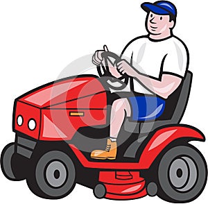 Gardener Mowing Rideon Lawn Mower Cartoon