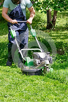 A gardener mows a green lawn with a gasoline mower in a spring garden