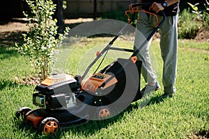 Gardener mows the lawn in the garden with a lawn mower in summer