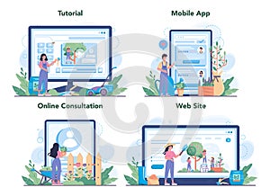 Gardener online service or platform set. Idea of horticultural designer