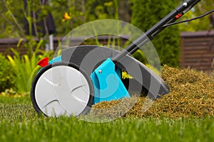 Gardener Operating Soil Aeration Machine on Grass Lawn photo