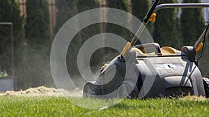 Gardener Operating Soil Aeration Machine on Grass Lawn