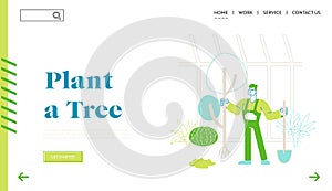 Gardener Planting Tree to Ground in Warm House Landing Page Template. Farmer Man Character Working in Garden