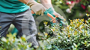 Gardener pruning bushes.AI generated image