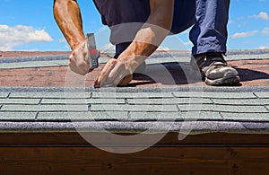 Gardener renew roof of summer garden house