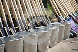 Gardener`s tools. Buckets and shovels.