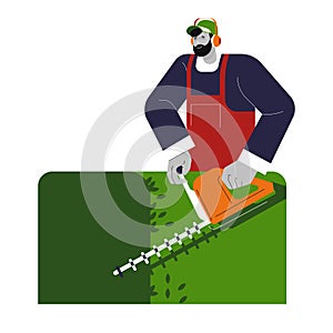 Gardener shaping or cutting bushes in garden, isolated character