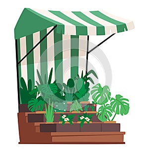 Gardener Stall Kiosk With Green Striped Canopy, Offering Vibrant Blooms, Flowers And Lush Greenery, Vector Illustration