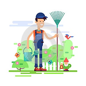 Gardener standing in garden with watering can.