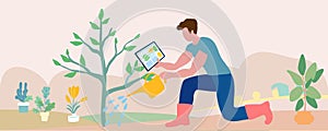 A gardener in a straw hat plants a tree. Hand drawn, vector illustration