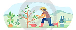 A gardener in a straw hat plants a tree. Hand drawn, vector illustration