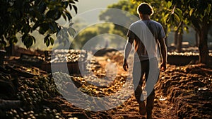 Gardener strolling amidst bountiful fruit trees, back view