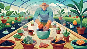 Gardener Tending to Plants in a Lush Greenhouse Environment photo