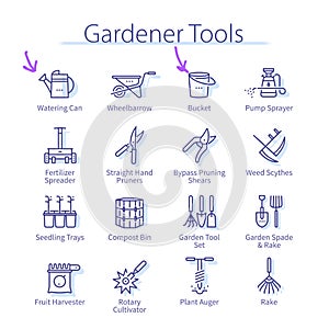 Gardener tools pack. Bucket, garden scissors, shovel