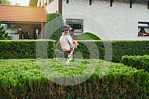 Gardener using electric trimmer for shaping bushes outdoors