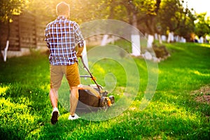 Gardener using industrial manual lawnmower