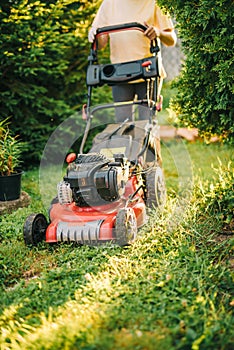 Gardener using lawnmower