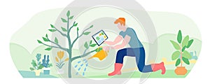 The gardener waters the tree. Hand drawn, vector illustration